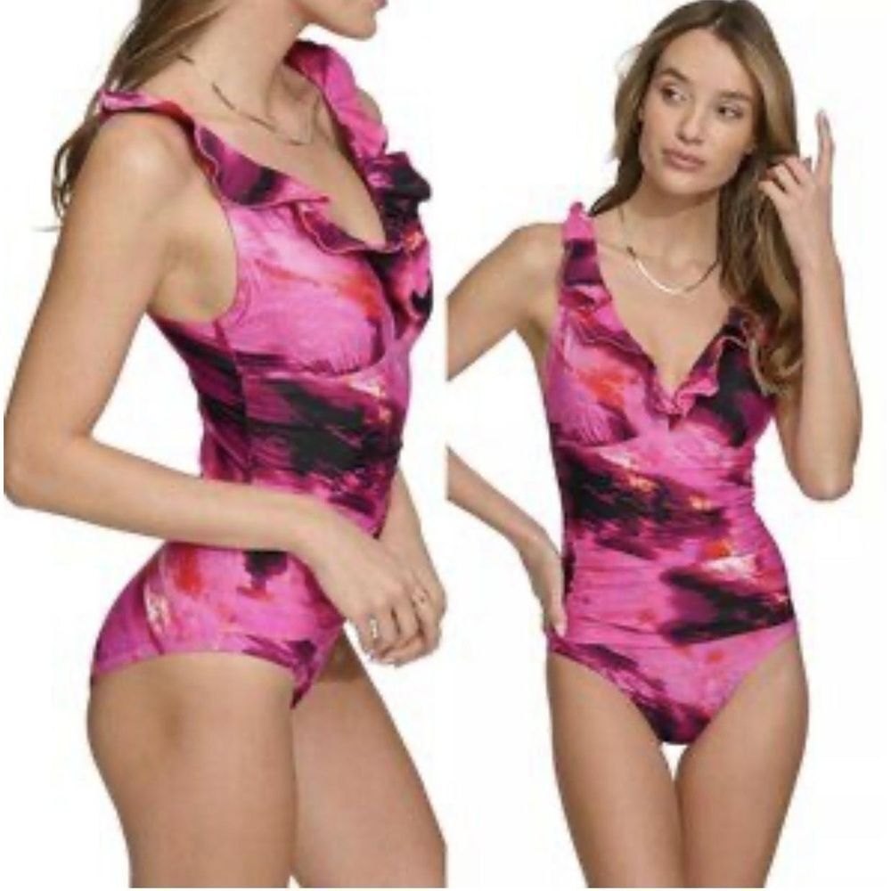 DKNY Small Swimsuit Pink Black OnePiece Ruffled TieDye Trendy Summer Beach